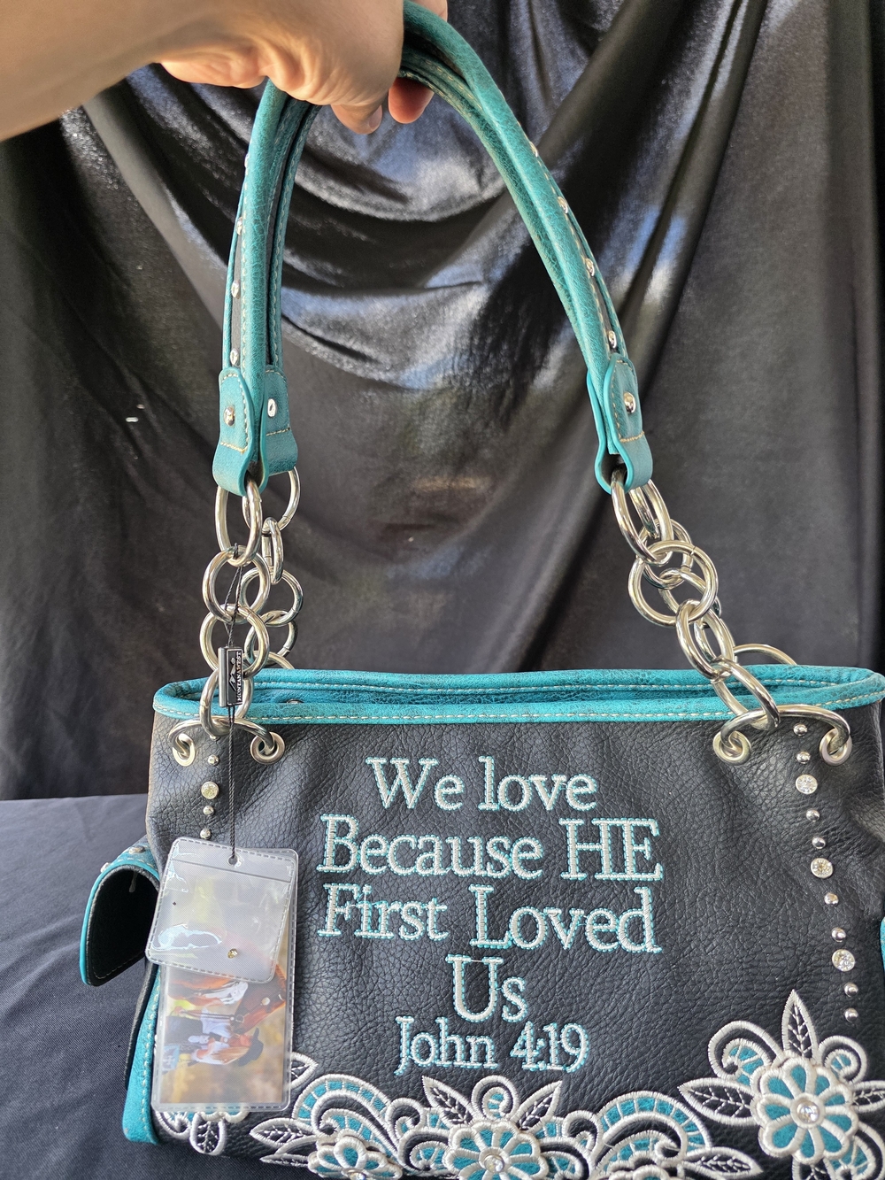 Embroidered Faith Shoulder Bag in Teal and Black
